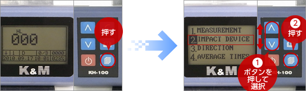 メニューキーを押す。 1.矢印キーで【2.IMPACT DEVICE】を選択し、2.メニューキーを押す。