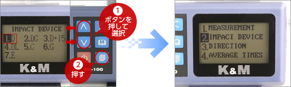1.矢印キーで、使用するインパクトデバイスを選択し、2.メニューキーを押して確定する。 メニュー画面に戻る。 
